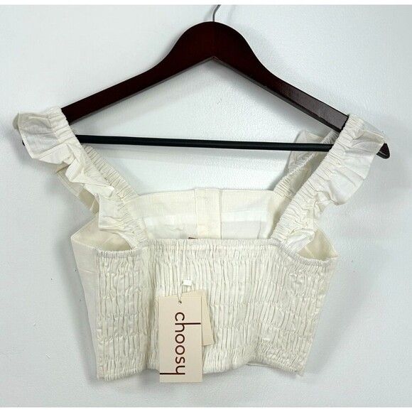 Choosy Amanda XS White Cream Cropped Top Center Buttons Ruffle Lined Smocked U4 - Picture 6 of 13